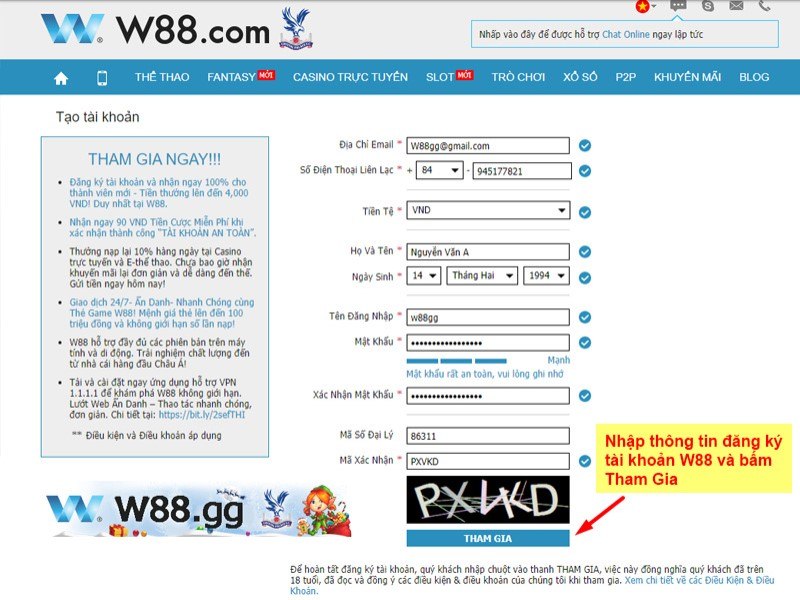 Hướng dẫn cách đăng ký tài khoản thành viên tại W88
